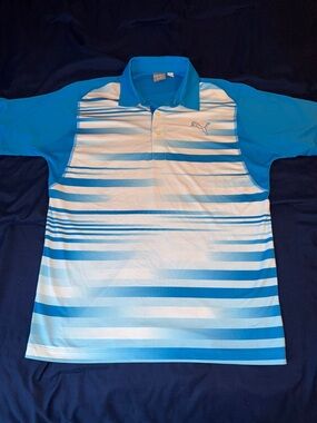 Puma Golf Blue & White Gradient Striped Golf Polo